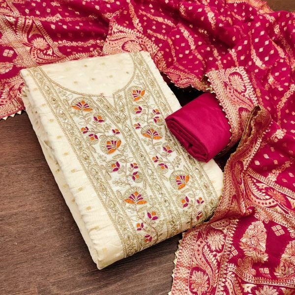 Exclusive Cream Modal Booti Suit Set with Coding Sequence Work and Jacquard Dupatta Punjabi Dress Materials Wholesale