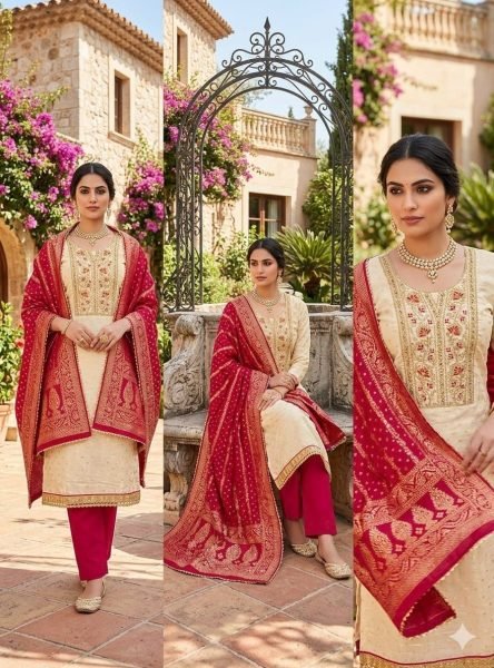 Exclusive Cream Modal Booti Suit Set with Coding Sequence Work and Jacquard Dupatta Punjabi Dress Materials Wholesale