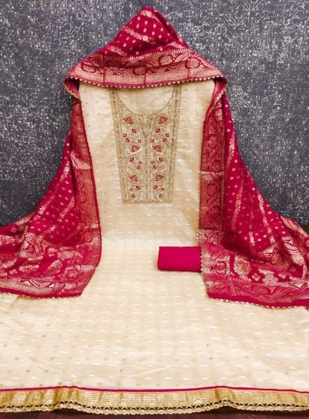 Exclusive Cream Modal Booti Suit Set with Coding Sequence Work and Jacquard Dupatta Punjabi Dress Materials Wholesale