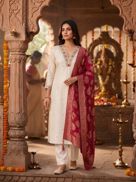 Exclusive Cream Simmer Jacquard Silk Handwork Kurta Pant Chanderi Dupatta Set Kurtis