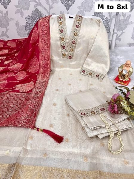 Exclusive Cream Simmer Jacquard Silk Handwork Kurta Pant Chanderi Dupatta Set  Straight Cut Long Kurtis