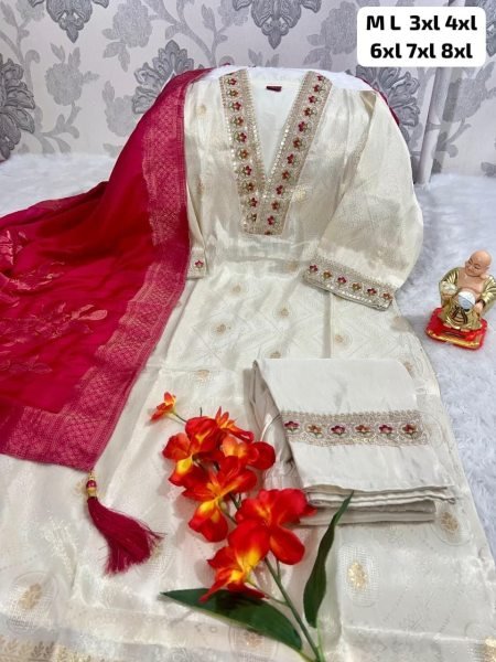 Exclusive Cream Simmer Jacquard Silk Handwork Kurta Pant Chanderi Dupatta Set  Straight Cut Long Kurtis