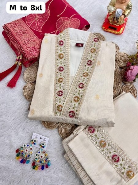 Exclusive Cream Simmer Jacquard Silk Handwork Kurta Pant Chanderi Dupatta Set  Straight Cut Long Kurtis