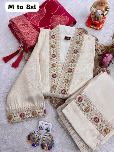 Exclusive Cream Simmer Jacquard Silk Handwork Kurta Pant Chanderi Dupatta Set  Straight Cut Long Kurtis