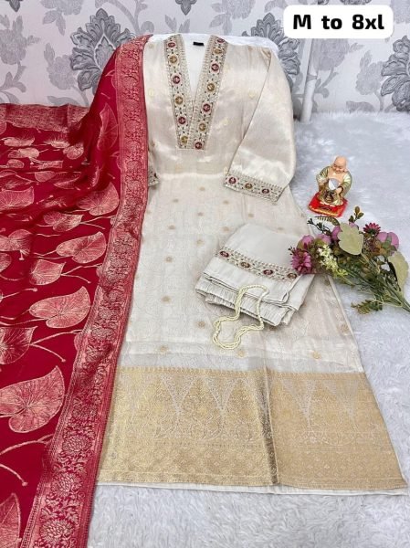 Exclusive Cream Simmer Jacquard Silk Handwork Kurta Pant Chanderi Dupatta Set  Straight Cut Long Kurtis