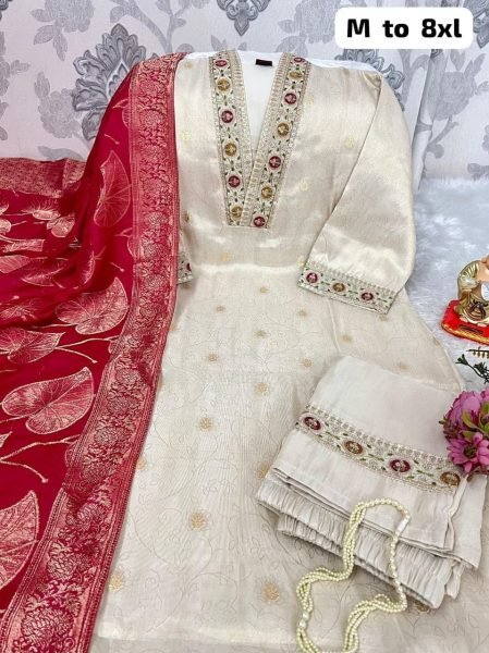 Exclusive Cream Simmer Jacquard Silk Handwork Kurta Pant Chanderi Dupatta Set  Straight Cut Long Kurtis