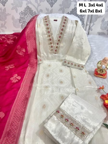 Exclusive Cream Simmer Jacquard Silk Handwork Kurta Pant Chanderi Dupatta Set  Straight Cut Long Kurtis
