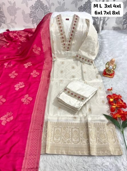 Exclusive Cream Simmer Jacquard Silk Handwork Kurta Pant Chanderi Dupatta Set  Straight Cut Long Kurtis