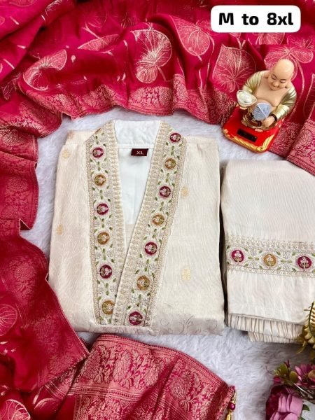 Exclusive Cream Simmer Jacquard Silk Handwork Kurta Pant Chanderi Dupatta Set  Straight Cut Long Kurtis