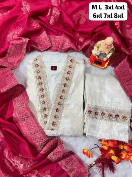 Exclusive Cream Simmer Jacquard Silk Handwork Kurta Pant Chanderi Dupatta Set  Straight Cut Long Kurtis