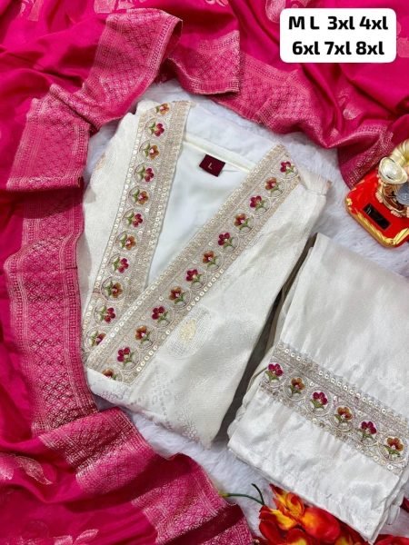 Exclusive Cream Simmer Jacquard Silk Handwork Kurta Pant Chanderi Dupatta Set  Straight Cut Long Kurtis