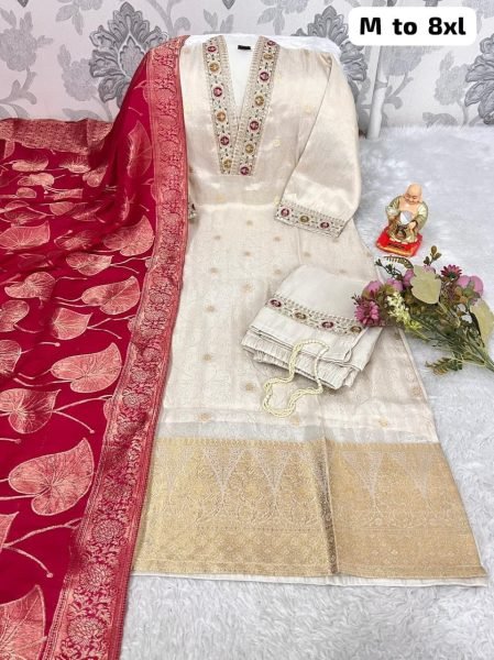 Exclusive Cream Simmer Jacquard Silk Handwork Kurta Pant Chanderi Dupatta Set  Straight Cut Long Kurtis