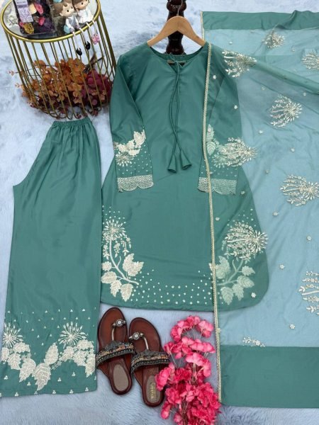 Exclusive Designer Sea Green Palazzo Suit in Natural Crepe Festive Look 