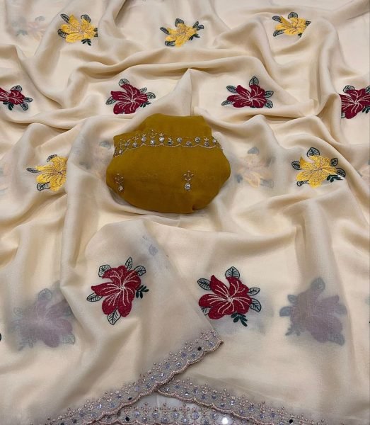 Exclusive Designer Star Georgette Saree with Mirror and Embroidery Work Georgette Sarees Wholesale