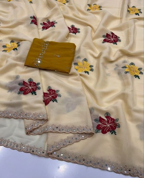 Exclusive Designer Star Georgette Saree with Mirror and Embroidery Work Georgette Sarees Wholesale