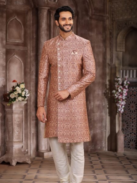 Exclusive Dusty Peach Indo-Western Sherwani with Digital Print And Embroidery Mens Wear