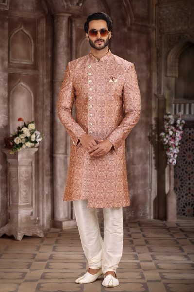 Exclusive Dusty Peach Indo-Western Sherwani with Digital Print And Embroidery Kurta Pajama Wholesale