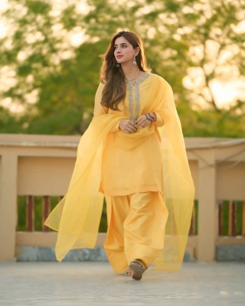 Exclusive Faux Georgette Dress Set Fully Stitched with Handwork Beads Embroidery Ready To Wear Collection