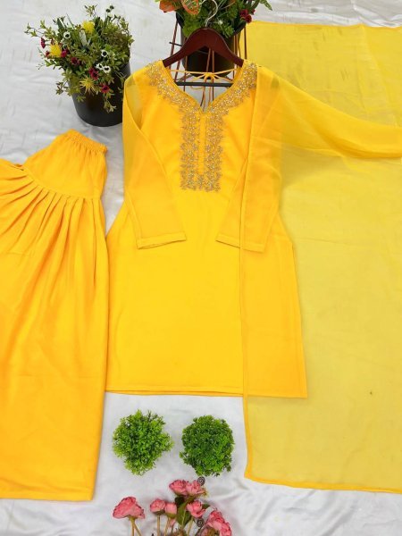 Exclusive Faux Georgette Dress Set Fully Stitched with Handwork Beads Embroidery Ready To Wear Collection