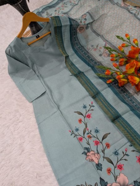 Exclusive Flower Printed Cotton Kurti with Chanderi Dupatta Set for Daily Wear Printed Kurtis