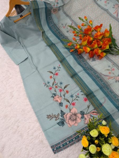 Exclusive Flower Printed Cotton Kurti with Chanderi Dupatta Set for Daily Wear Printed Kurtis