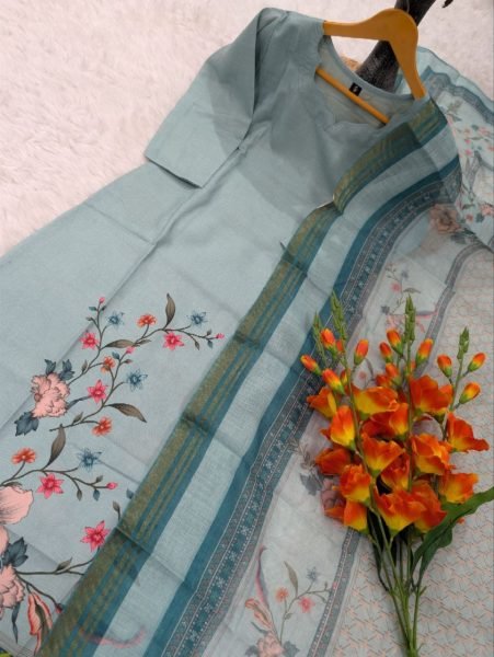 Exclusive Flower Printed Cotton Kurti with Chanderi Dupatta Set for Daily Wear Printed Kurtis
