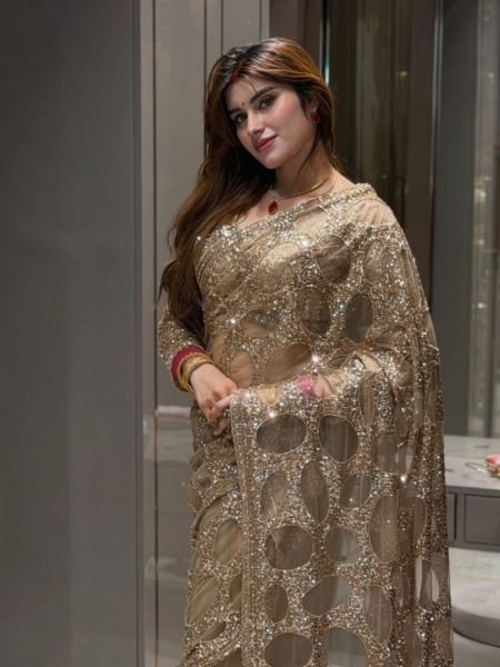 Exclusive Golden Butterfly Net Wedding Wear Saree with Multicolor Sequin Work at Wholesale Rate 