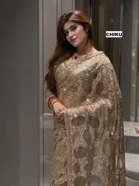 Exclusive Golden Butterfly Net Wedding Wear Saree with Multicolor Sequin Work at Wholesale Rate Bollywood Fancy Sarees Wholesale