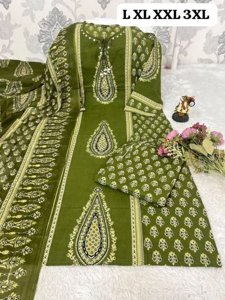 Exclusive Green Cotton 60x60 Kurti Pant Dupatta Set with Hand Work for Women