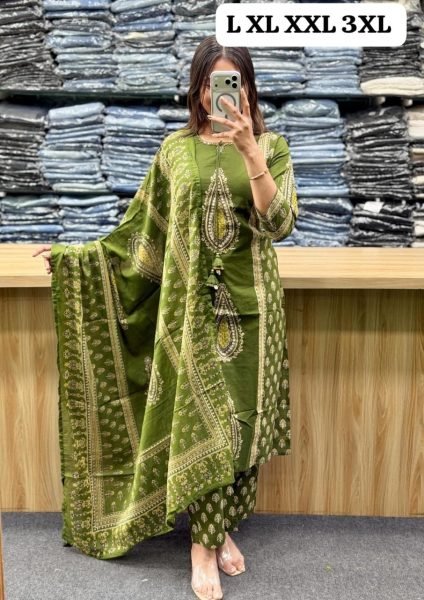 Exclusive Green Cotton 60x60 Kurti Pant Dupatta Set with Hand Work for Women Cotton Kurtis Wholesale