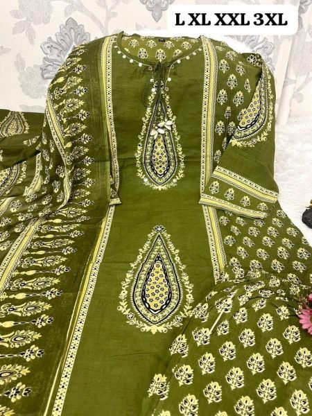 Exclusive Green Cotton 60x60 Kurti Pant Dupatta Set with Hand Work for Women Cotton Kurtis Wholesale
