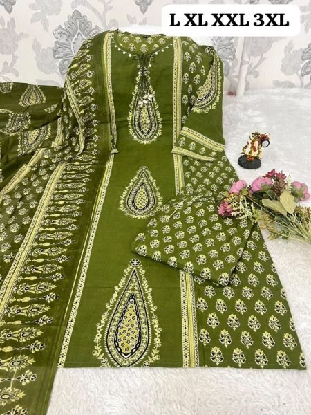 Exclusive Green Cotton 60x60 Kurti Pant Dupatta Set with Hand Work for Women Cotton Kurtis Wholesale