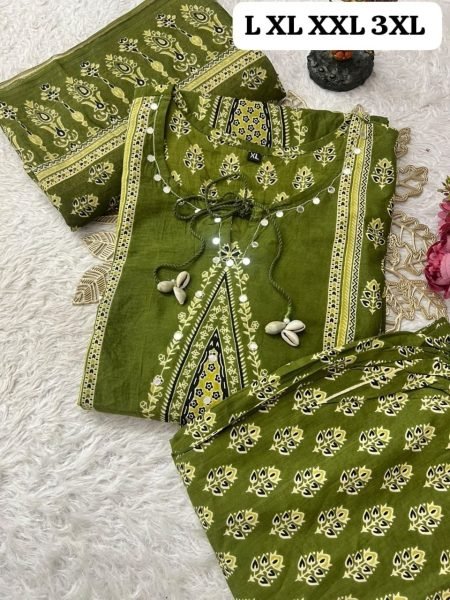 Exclusive Green Cotton 60x60 Kurti Pant Dupatta Set with Hand Work for Women Cotton Kurtis Wholesale