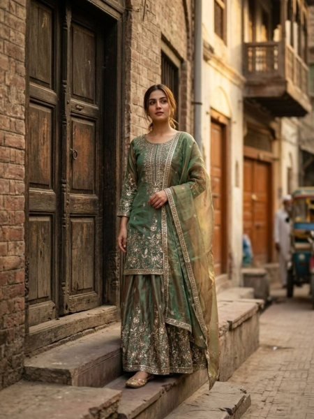 Exclusive Green Sharara Suit with Full Sleeves Top for Wedding Functions 