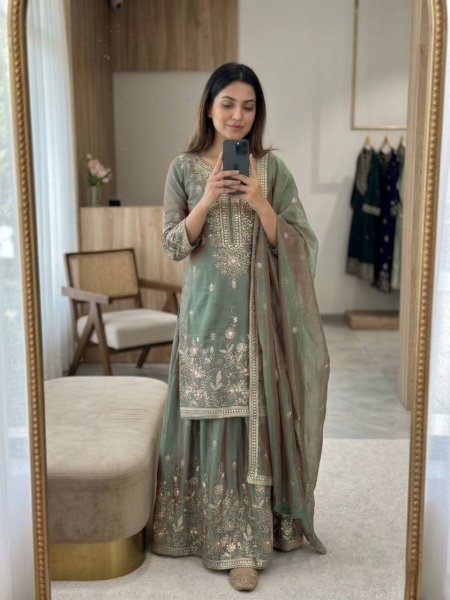 Exclusive Green Sharara Suit with Full Sleeves Top for Wedding Functions Ready To Wear Collection