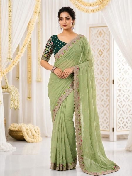 Exclusive Green Star Georgette Embroidered Saree for Women Sarees 