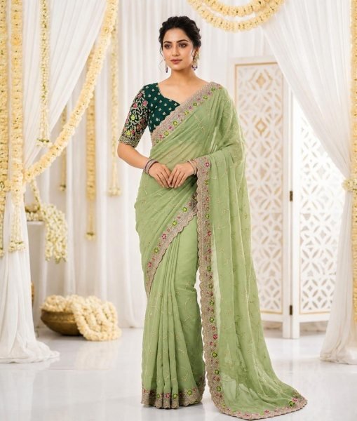Exclusive Green Star Georgette Embroidered Saree for Women Embroidery Sarees Wholesale