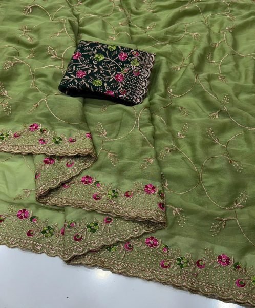 Exclusive Green Star Georgette Embroidered Saree for Women Embroidery Sarees Wholesale