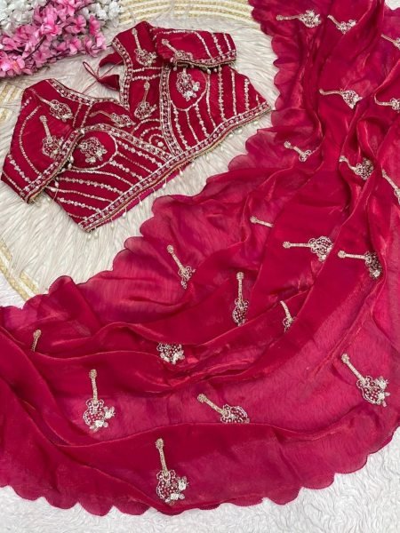 Exclusive Hot Pink Boutique Style Fandy Satin Saree with Premium Brits Work For Party 