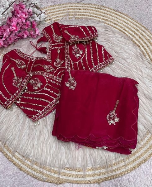 Exclusive Hot Pink Boutique Style Fandy Satin Saree with Premium Brits Work For Party Bollywood Fancy Sarees Wholesale