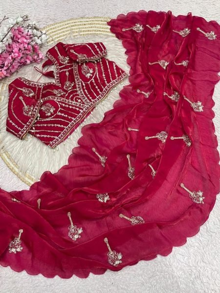 Exclusive Hot Pink Boutique Style Fandy Satin Saree with Premium Brits Work For Party Bollywood Fancy Sarees Wholesale