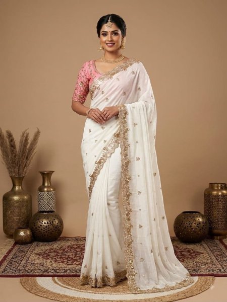 Exclusive Ivory Rangoli Silk Saree with Gold Embroidery and Pink Contrast Blouse at Manufacturer Rate Sarees 