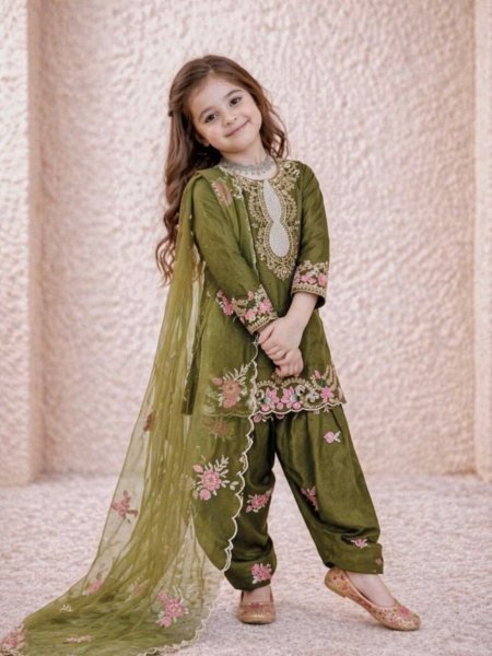 Exclusive Kids Embroidered Salwar Suit Set with Organza Dupatta Kurtis
