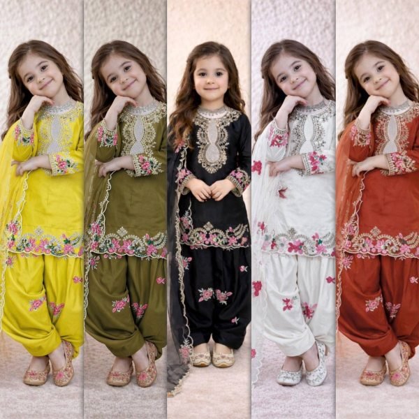 Exclusive Kids Embroidered Salwar Suit Set with Organza Dupatta Girls Wear
