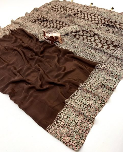 Exclusive Launch Pure Satin Ajrak Saree Rich Pallu   Detailed Finish Printed Cotton Sarees Wholesale