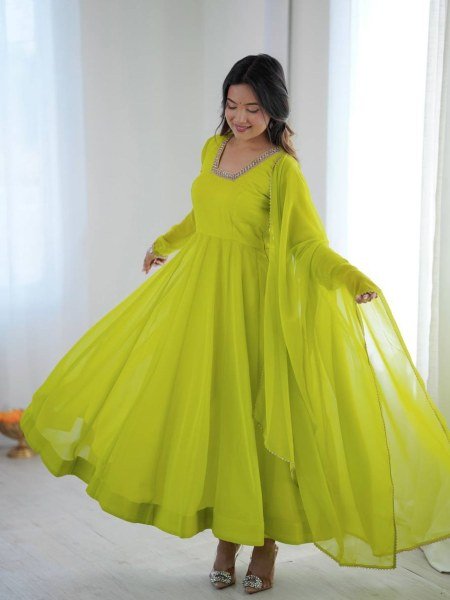 Exclusive Lemon Yellow Kali Cut Anarkali Suit with Border Lace Dupatta for Women Ready To Wear Suit