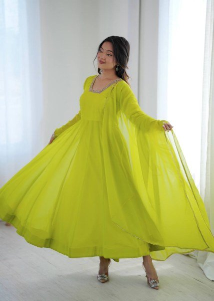 Exclusive Lemon Yellow Kali Cut Anarkali Suit with Border Lace Dupatta for Women Ready To Wear Collection