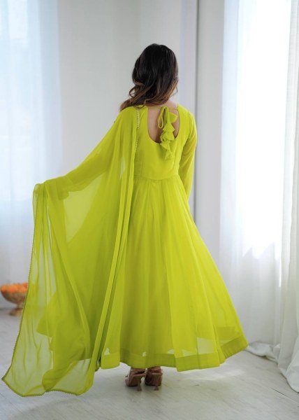 Exclusive Lemon Yellow Kali Cut Anarkali Suit with Border Lace Dupatta for Women Ready To Wear Collection