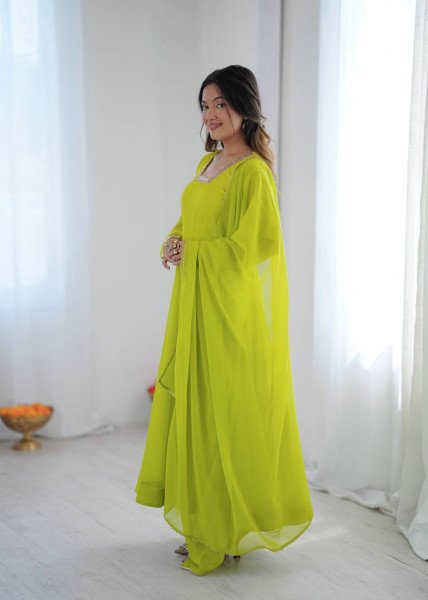 Exclusive Lemon Yellow Kali Cut Anarkali Suit with Border Lace Dupatta for Women Ready To Wear Collection