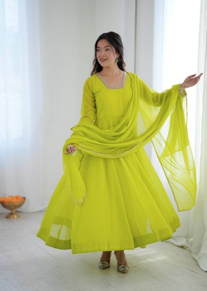 Exclusive Lemon Yellow Kali Cut Anarkali Suit with Border Lace Dupatta for Women Ready To Wear Collection